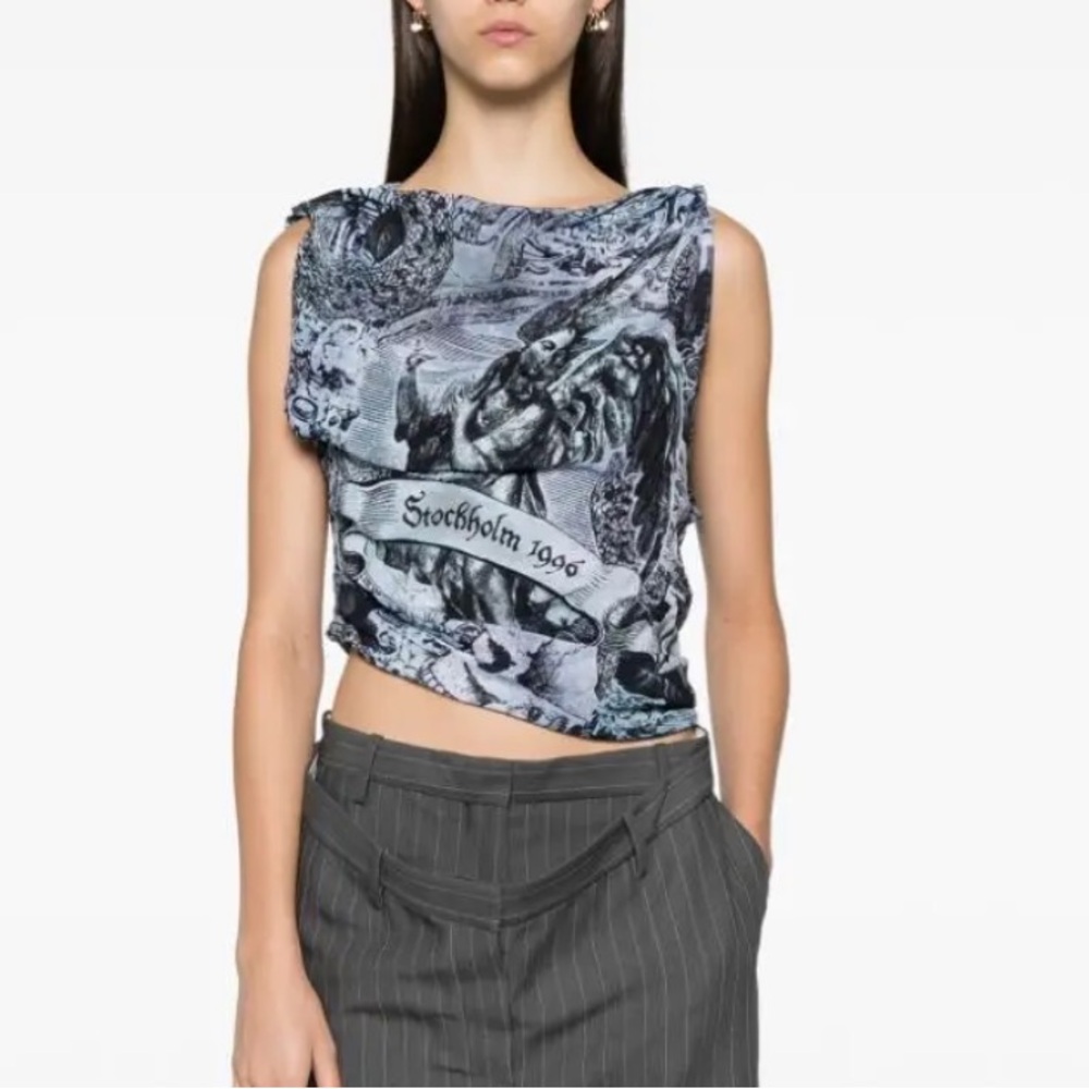 Acne Studios Asymmetric cropped printed ruched crepe top